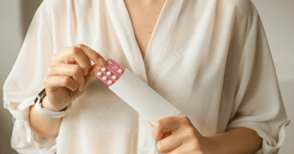 Woman in white blouse holding hormonal oral contraceptives in a pink blister