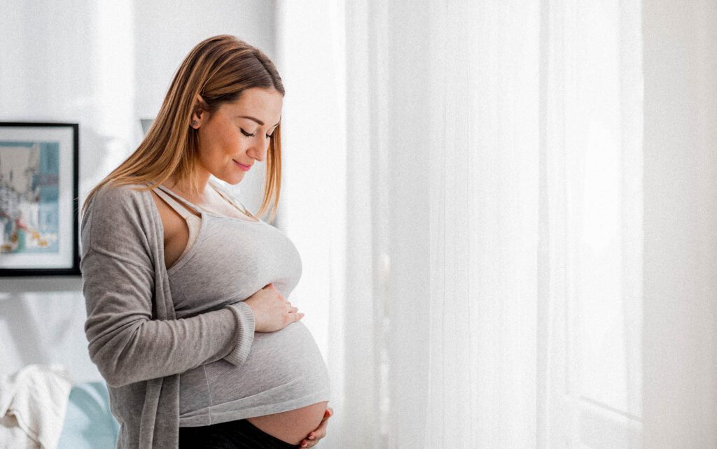 Beautiful pregnant woman touching her belly standing by the window at home