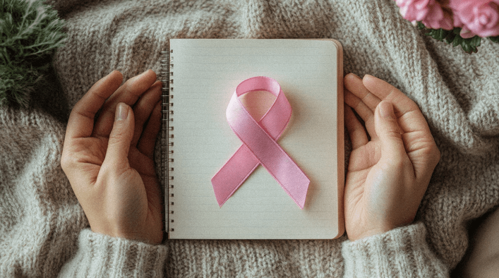 Two hands holding a small pink breast cancer ribbon to promote early detection of breast cancer.